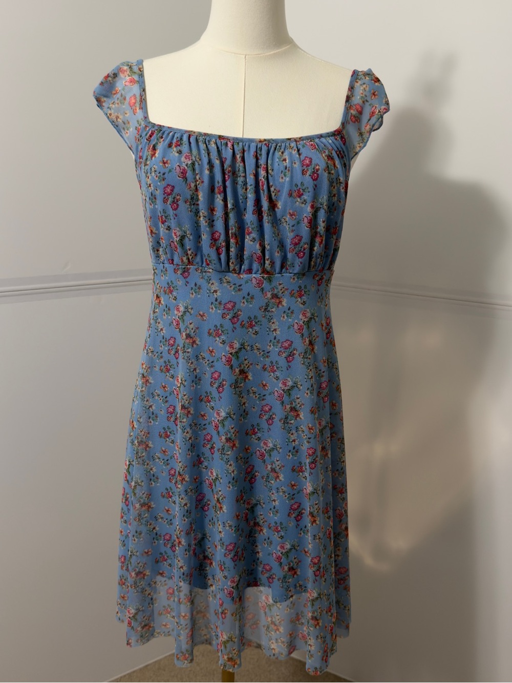 See You Monday Blue Floral Mini Dress with Pink & Green Accents